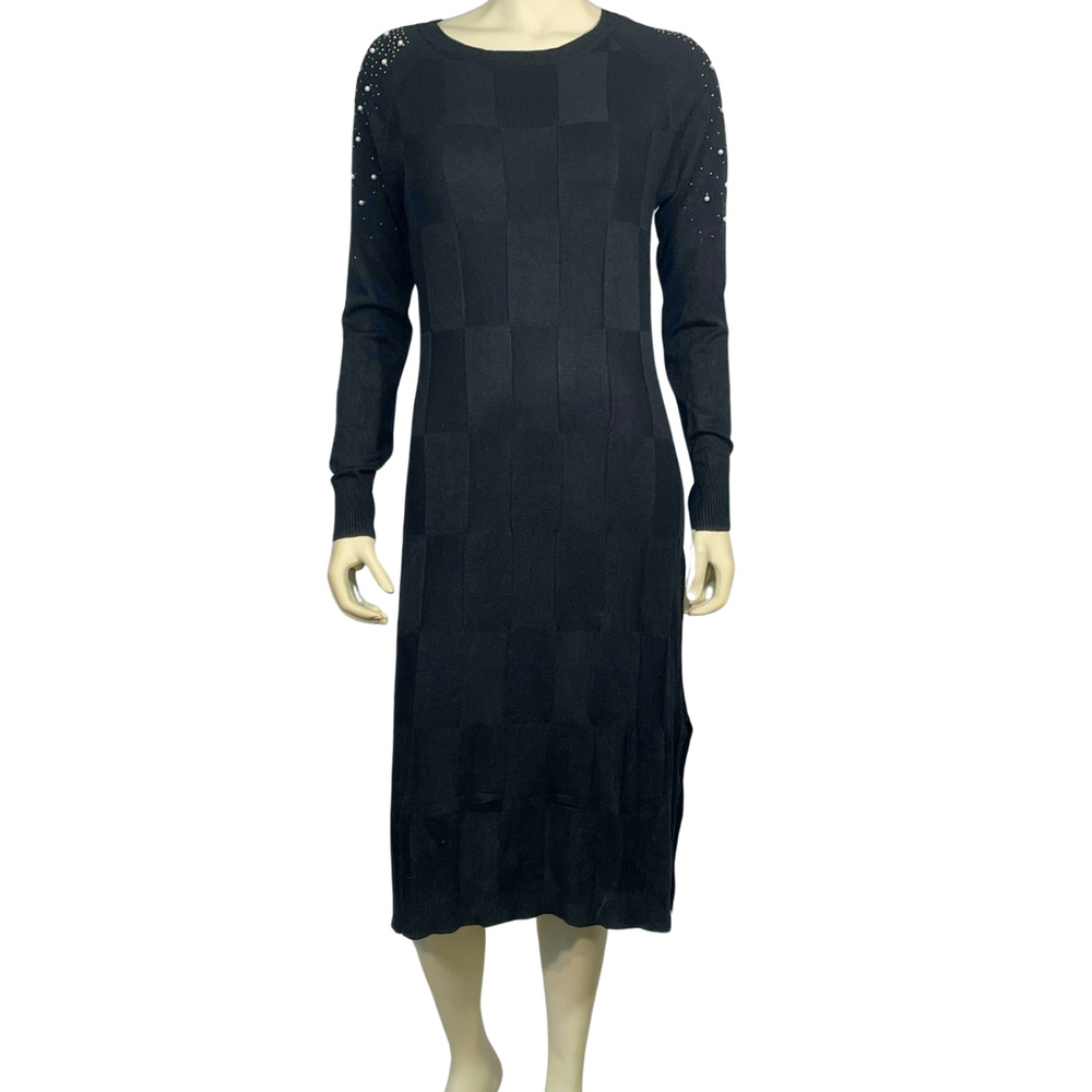 Miss Patina London OSFM Baskerville Tunic Sweater Dress Pearl Details Knit Black